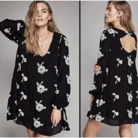 Free People Black Embroidered Emma Austin Mini Swing Dress Sz XS Boho Babydoll - Picture 1 of 12
